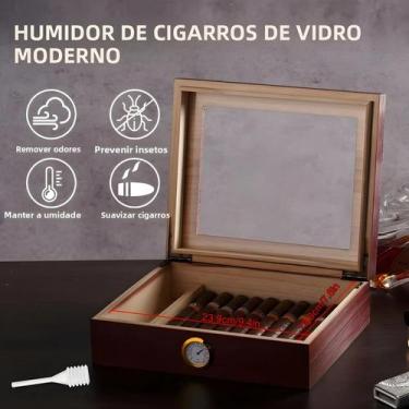 Imagem de Umidificador De Cigarros Em Madeira De Cedro Com Tampa De Vidro E Higr