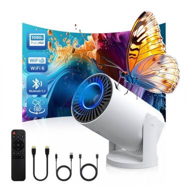 Imagem de Projetor Portátil Geylnxng Branco WiFi 6 Bluetooth Rotação 180° 1080P Suporte 4K Q5 mate