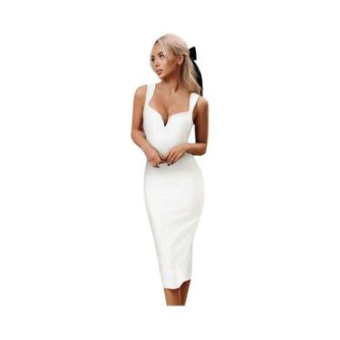 Imagem de Vestido Midi Bodycon Branco Feminino Com Alça Fina E Decote V, Elegant