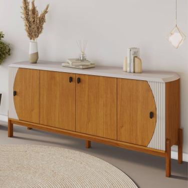 Imagem de Buffet Balcão Aparador 4 Portas 1,81m Pés Madeira Maciça Tampo Chanfrado Selene Cinamomo/ Off White
