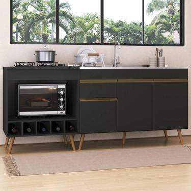 Imagem de Kit Balcão De Cozinha Para Pia E Balcão Para Cooktop-forno 190cm Veneza Multimóveis Mp2384 Preto-dourado
