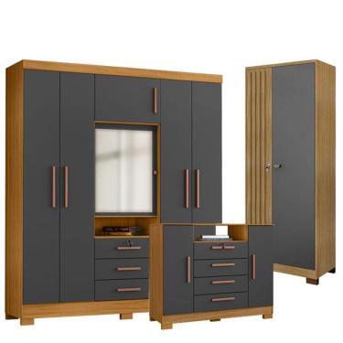 Imagem de Guarda Roupa Casal Imperial com Cômoda Madri e Armário Multiuso Versatile Carvalho Amer...