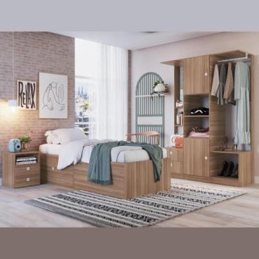 Imagem de Kit Conjunto Quarto Cama Solteiro 80 4 Portas Mesa de Cabeceira Guarda