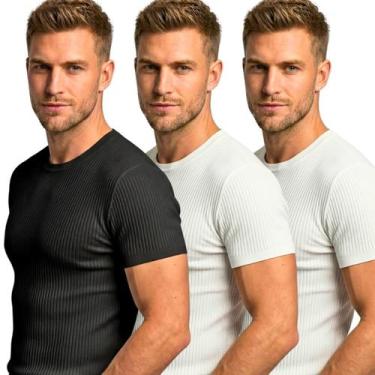 Imagem de Kit 3 Camisetas Masculinas Caneladas Slim Fit Manga Curta Academia Tre