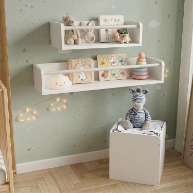 Imagem de Conjunto Organizador Infantil com 2 Nichos de Parede e Baú em MDF Branco Infantile Móveis