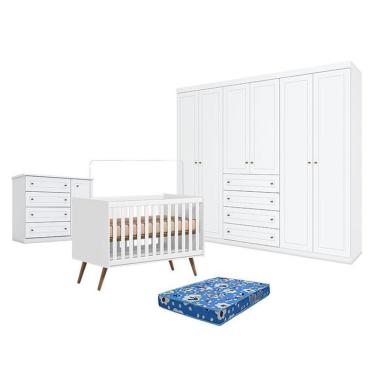 Imagem de Kit Quarto de Bebê 6 Portas com Berço Americano Q Encanto 3820 MDF Colchão Incluso Branco Acetinado Qmovi