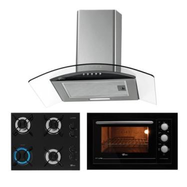 Imagem de Kit Fit Line Fischer: Forno Preto Coifa Cooktop 4B Aramado, 220V