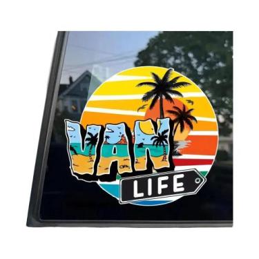 Imagem de Adesivo De Vinil Impermeável Vintage RV Life Com Palmeira E Pôr Do Sol