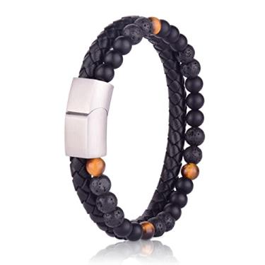 Imagem de Pulseira de contas de couro, pulseira de edição de camada dupla natural olho de tigre vulcânica preta ônix 3mm fivela magnética