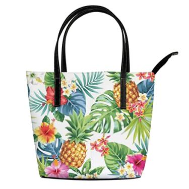 Imagem de Bolsa de ombro para mulheres tropicais, abacaxis, flores, folhas de palmeira, bolsa de trabalho, grande, casual