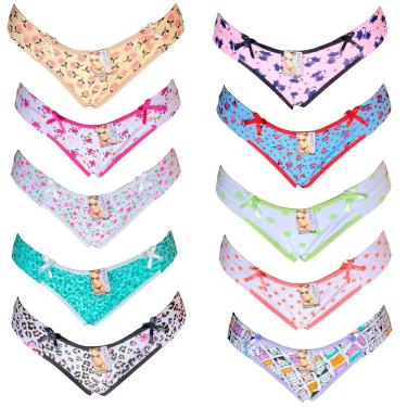 Imagem de Kit 12 Calcinhas Tanga Algodão Lateral Cós Duplo Estampadas