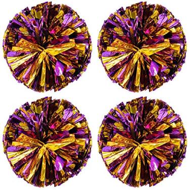 Imagem de Pacote com 4 pompons de líder de torcida metálicos de plástico para líderes de torcida para esportes de torcida para crianças e adultos torcendo (roxo/dourado)