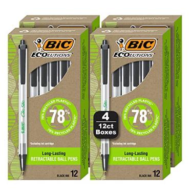 Imagem de BIC Caneta esferográfica retrátil ReVolution Clic Stic, caneta de plástico reciclado, preta, ponta média (1,0 mm), embalagem 100% reciclada, pacote com 48 unidades