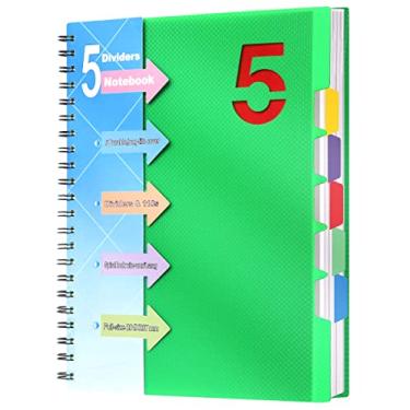 Imagem de Caderno espiral com 5 materias, 21,5 x 28,5 cm de largura pautado com divisórias e abas caderno espiral encadernado para trabalho, 110 folhas (verde, A4)