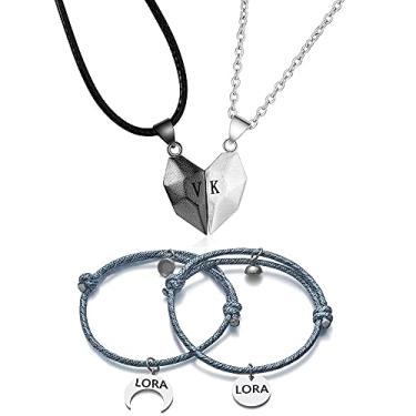 Imagem de 4 peças magnéticas para casais, pulseira de identificação de nome personalizada, conjunto de joias combinando para mulheres, homens, pingente de coração, colar para ele e ela, pulseiras,