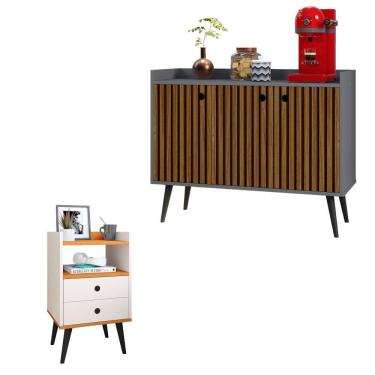 Imagem de Kit Cozinha Cantinho Café Aparador Buffet Decoração Sala Quarto Mesinha Cabeceira Mesa Lateral 2 Gavetas Retrô - RPM Móveis