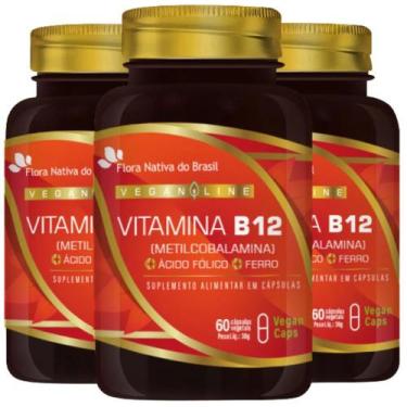 Imagem de 3X Vitamina B12 Metilcobalamina + Ferro + Ácido Fólico 60 Vegan Caps -