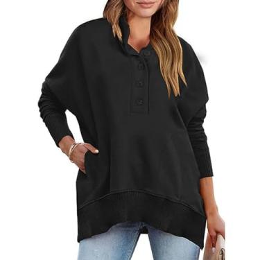 Imagem de Moletom feminino de manga comprida com botão de lã casual cor sólida meia gola alta pulôver tops outono inverno 2023, Preto, P