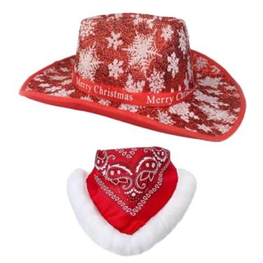 Imagem de rockible Chapéu de cowboy de natal com cachecol para mulheres, meninas, aba larga, chapéu de papai noel para festa de máscaras, presente, lembrancinhas, estilo a
