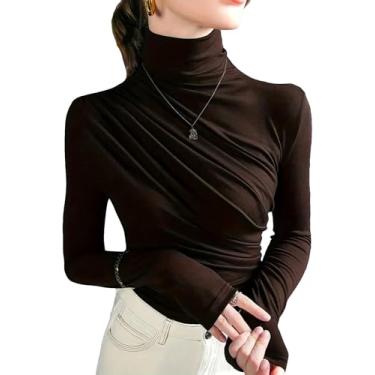 Imagem de COZYEASE Camiseta feminina franzida gola alta manga longa slim fit tops slim fit, Marrom chocolate, P