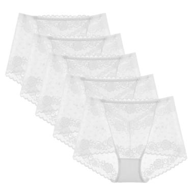 Imagem de Sexy renda malha puro algodão virilha shorts sem costura meados de cintura tamanho grande triângulo roupa interior feminina verão fino 5-pack