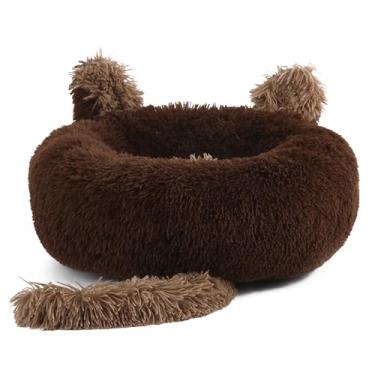 Imagem de Cama de gato para gatos internos, camas de cachorro para cães pequenos, cama de gato calmante redonda lavável, design de orelha de desenho animado, cama de animal (Color : Coffee1, Size : M)