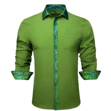 Imagem de Camisas masculinas de seda manga longa azul-petróleo sólido patch Paisley Slim blusa masculina Casaul lapela tops primavera outono, 0345, GG