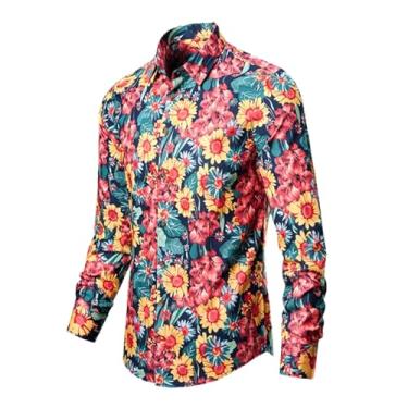 Imagem de Camisas masculinas algodão roupas vintage flores camisa coreana roupa masculina praia masculina manga longa camiseta top, Vermelho, P