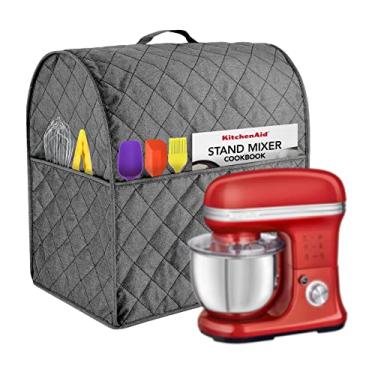 Imagem de Capa de batedeira compatível com batedeira KitchenAid, serve para todos os modelos de cabeça inclinada e elevação de tigela com 3 bolsas organizadoras para acessórios. Com alça à prova d'água. Fácil limpeza (cinza, para levantar tigela de 5 a 8 quartos)