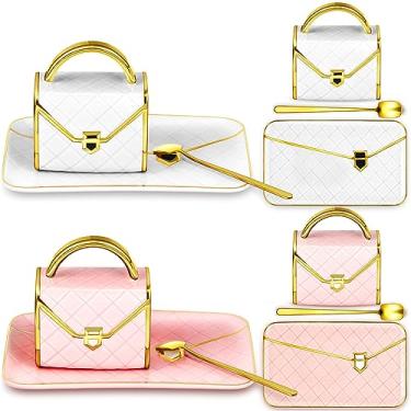 Imagem de Zubebe 2 conjuntos de caneca de café elegante em forma de bolsa de mão caneca moderna bolsa de cerâmica com colher e pires, 290 ml xícara de chá criativa fofa para escritório, casa, mulher, meninas