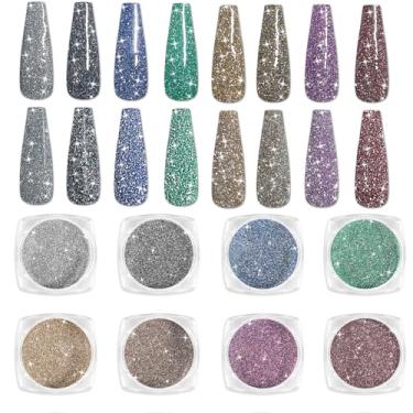 Imagem de Laza Pó de unha de diamante em 8 cores com glitter de cristal brilhante holográfico para unhas, pó laser, efeito espelhado, flocos brilhantes para unhas acrílicas, esmalte de unhas, decoração DIY