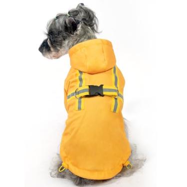 Imagem de PUPTECK Capa de chuva para cães com capuz e arnês embutidos, jaqueta de chuva impermeável para cães, poncho, colete refletivo, roupas para dias frios de inverno com neve, chuva, amarelo, G
