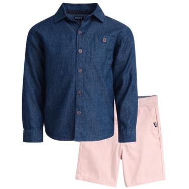 Imagem de DKNY Conjunto de shorts para meninos - 2 peças de camisa e shorts de botão com manga enrolada - Conjunto de roupa de verão para meninos (2-7), Azul médio, 4 Anos