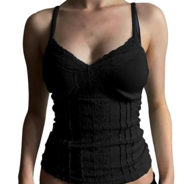 Imagem de Camiseta regata feminina Y2K cropped com alças finas, gola V, caimento justo, algodão, patchwork, moda urbana, Preto, M