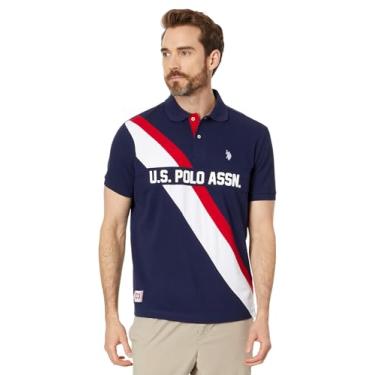 Imagem de U.S. Polo Assn. Camisa polo masculina de manga curta piqué com estampa diagonal, Azul-marinho clássico, M