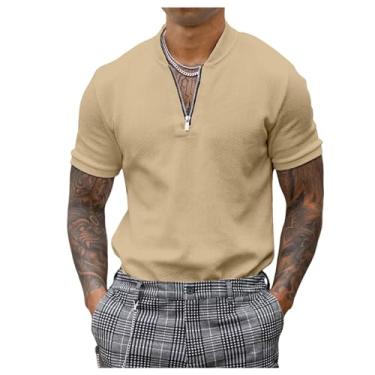 Imagem de Camisa polo masculina elástica fresca solta manga curta gola V respirável camisa de golfe de secagem rápida, Cáqui, 3G