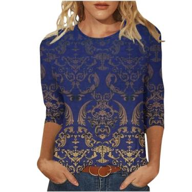 Imagem de Camiseta feminina de verão com gola redonda, caimento solto, estampada, casual, elegante, túnica, Azul escuro, GG