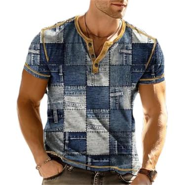 Imagem de Camiseta masculina casual de manga curta com botões Henley Patchwork Color Block para verão, J46tf3g20231311u, P