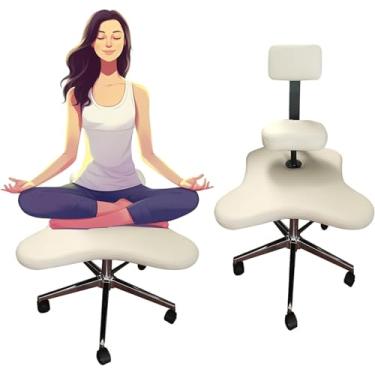 Imagem de Cadeira de escritório ergonômica ajoelhada com pernas cruzadas e rodas, banco de meditação ajustável sem braços, assento de mesa para adultos para sentar com pernas cruzadas, branco
