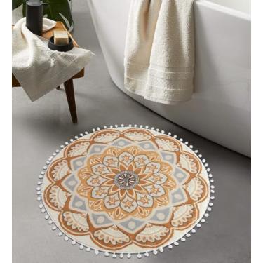 Imagem de Uphome Tapete redondo pequeno 60 pés amarelo Boho banheiro tapetes com pompom franja antiderrapante lavável mandala circular tapete de banheiro macio fofo boêmio tapete para quarto pia dormitório banheiro