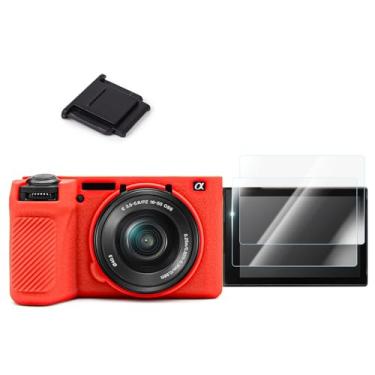 Imagem de Kit de acessórios para câmera Sony A6700 – Capa protetora de silicone [vermelha], protetor de tela LCD [2 unidades] e capa Hot Shoe para Alpha 6700