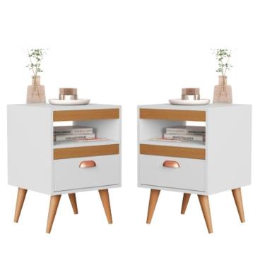 Imagem de Conjunto 2 Mesas de Cabeceira Sal Branco com Madeirado - Rede Móveis