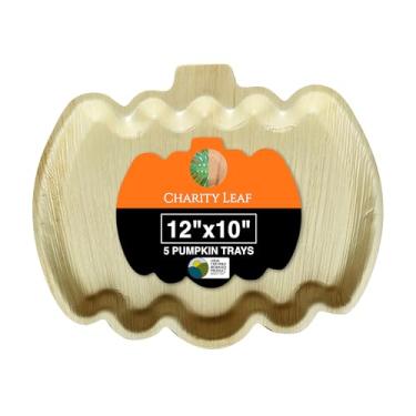 Imagem de Charity Leaf Bandejas de abóbora descartáveis de folha de palmeira de 30,5 x 25,4 cm (5 peças) Travessas de servir como bambu, tábuas descartáveis, utensílios de jantar ecológicos para Halloween,
