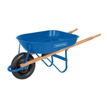 Imagem de Carrinho De Mão Tramontina Caçamba Redonda Metalica Azul 50 L, Braço De Madeira E Pneu Com Camara