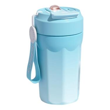 Imagem de Xícara de café de aço inoxidável isolada de 460 ml com alça, caneca de viagem à prova de vazamento, uso no escritório e no carro, tampa dupla com canudo, disponível em quatro cores (azul)