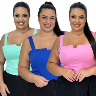 Imagem de Kit 3 Cropped Top Plus Size Alfaiataria Luxo Com Detalhe Lastex Moda F