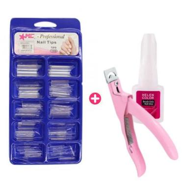 Imagem de Kit 100 tips curvatura c transparente m&c + alicate e cola - Mix da Jo