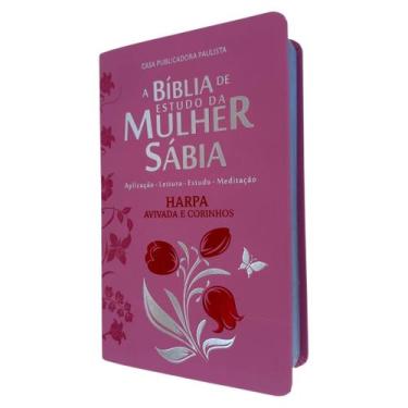 Imagem de Bíblia de estudo da Mulher sábia Rosa claro RC com Harpa capa couro bo