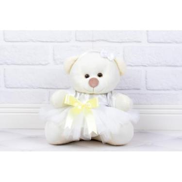 Imagem de Urso de Pelúcia Tedde 12 cm, Daminha Cetim Branco (PELUCIA PALHA - DETALHE - AMARELO)