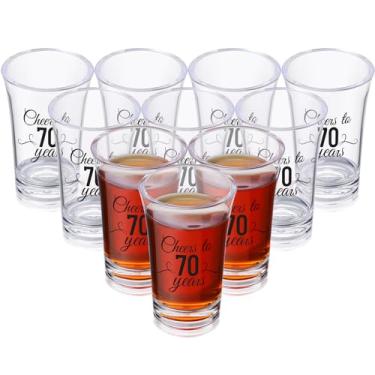 Imagem de Sliner Pacote com 48 copos de shot de aniversário a granel 39,7 g Cheers to 30/40/50/60/70/80 anos copo de shot inquebrável base grossa mini copo de vinho transparente lembrancinhas de aniversário